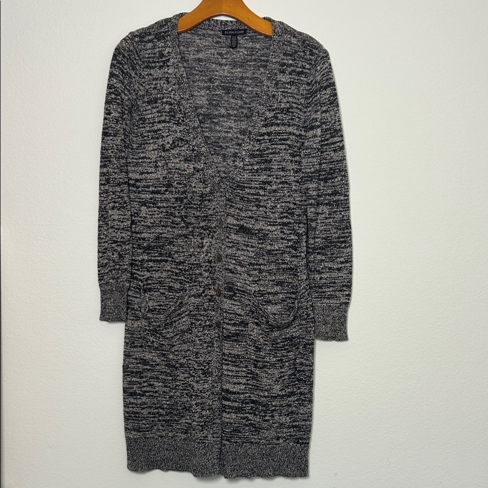 Eileen Fisher 100% Silk Duster Cardigan Button Front Heathered Black/White Sz S